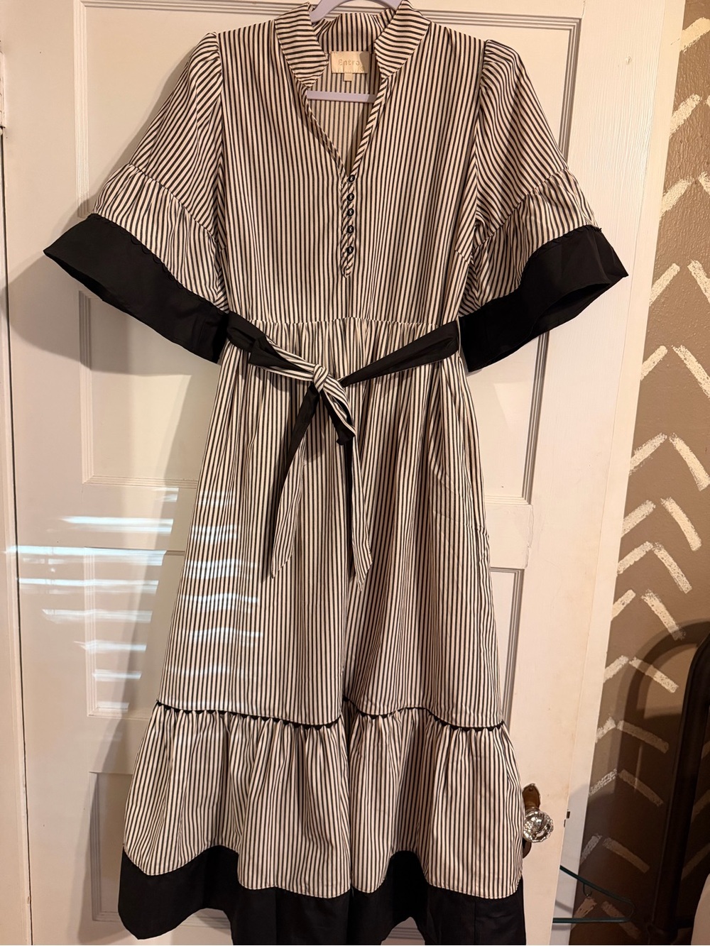 Entry Black and White Striped Midi Dress with Waist Tie. Size small.